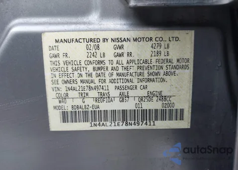 2008 Nissan Altima 2.5 S z USA, uszkodzony, nr VIN 1N4AL21E78N497411